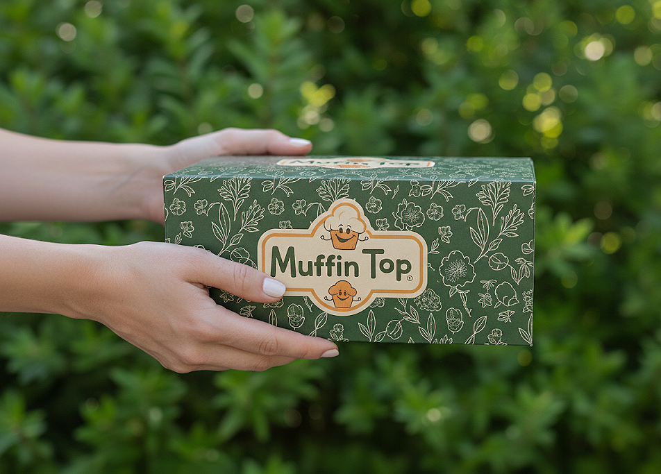 A custom-branded dessert box with a muffin inside