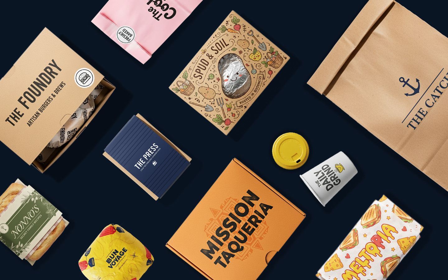 A vibrant display of custom-designed packaging including coffee cups and food boxes.
